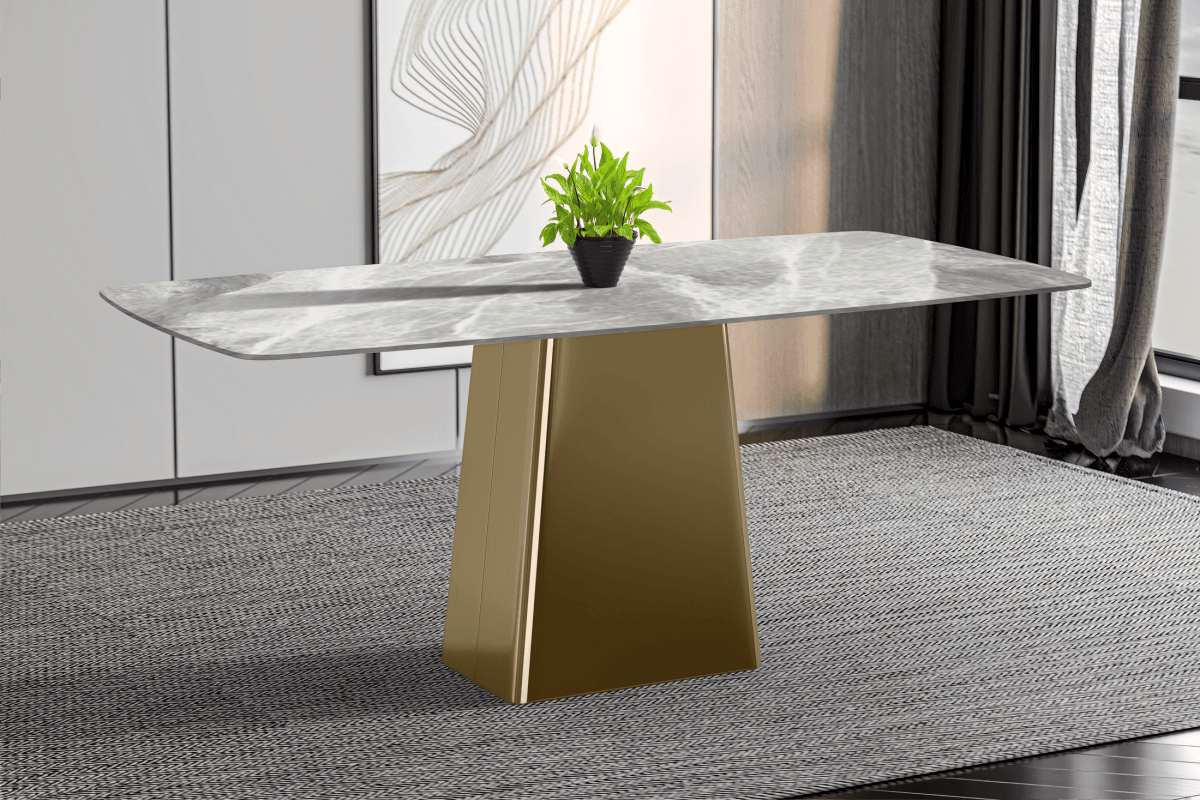 Quinix Rectangular Dining Table with Sintered Stone/Glass Tabletop and Gold Stainless Steel Base