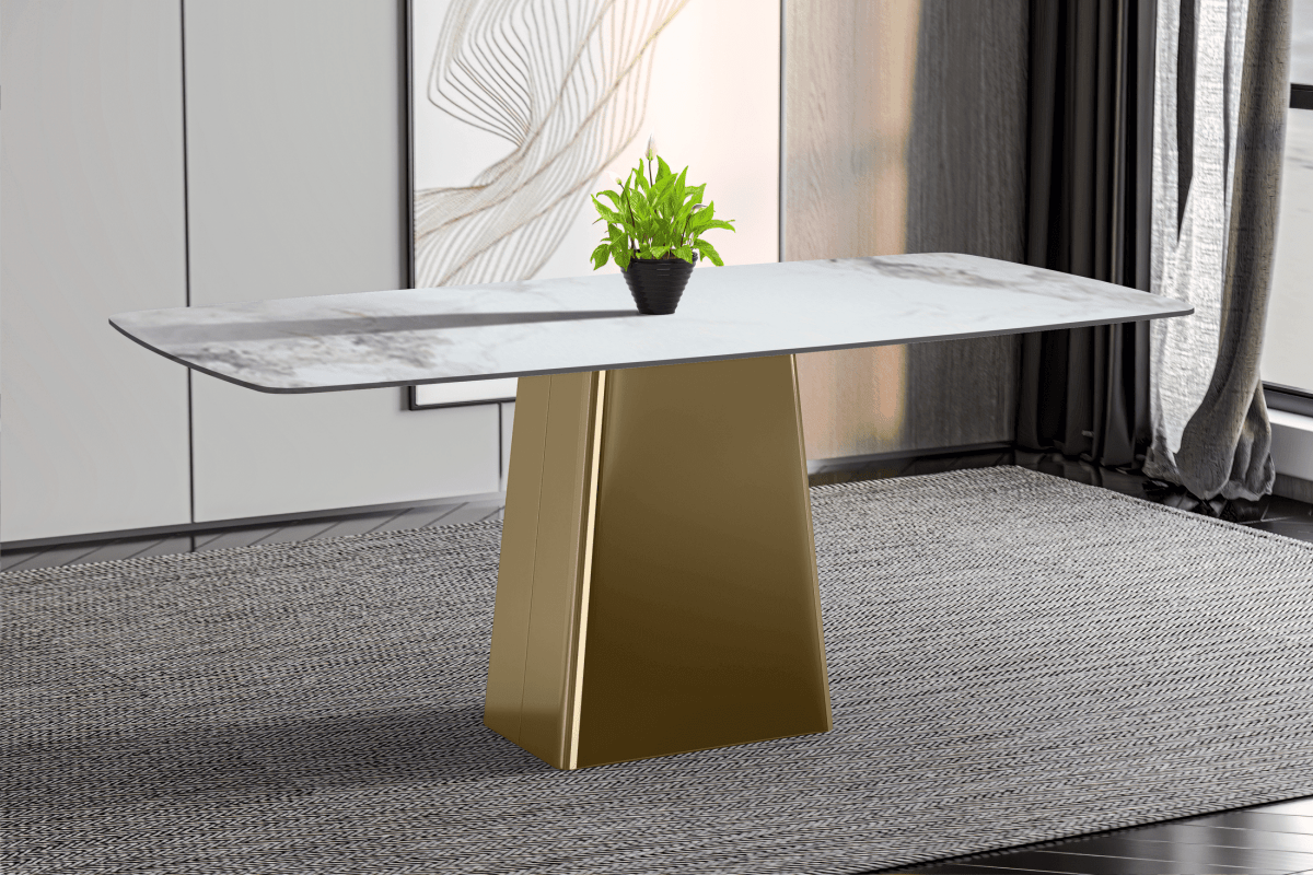 Quinix Rectangular Dining Table with Sintered Stone/Glass Tabletop and Gold Stainless Steel Base