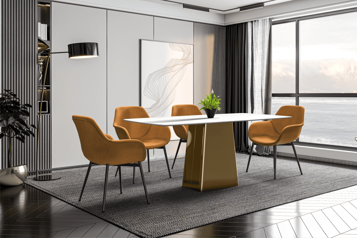 Quinix Rectangular Dining Table with Sintered Stone/Glass Tabletop and Gold Stainless Steel Base