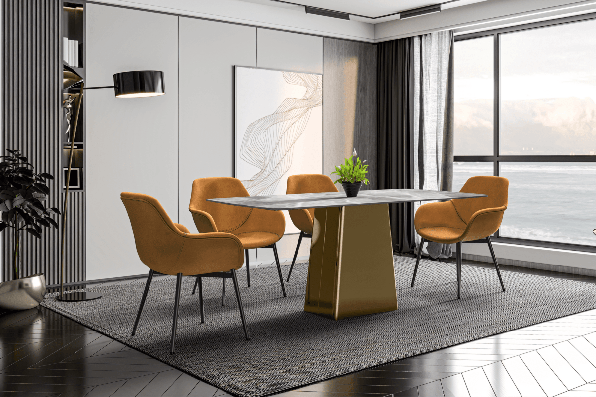 Quinix Rectangular Dining Table with Sintered Stone/Glass Tabletop and Gold Stainless Steel Base