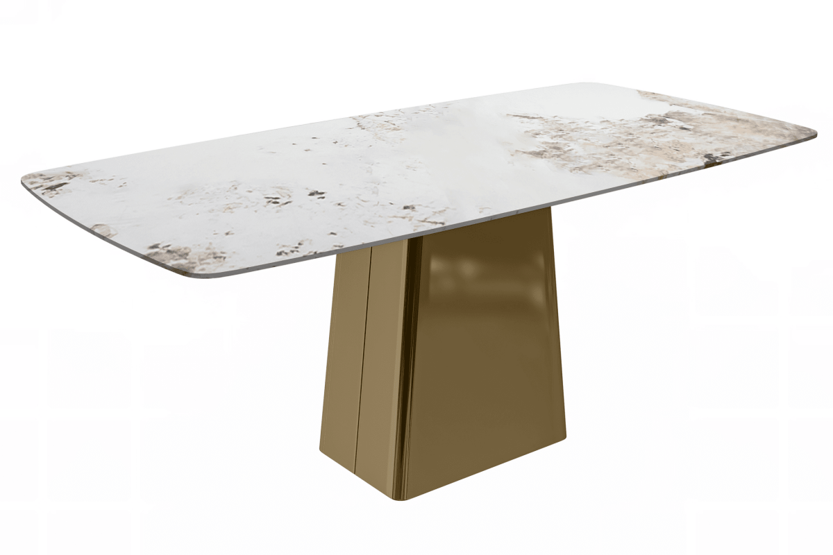 Quinix Rectangular Dining Table with Sintered Stone/Glass Tabletop and Gold Stainless Steel Base