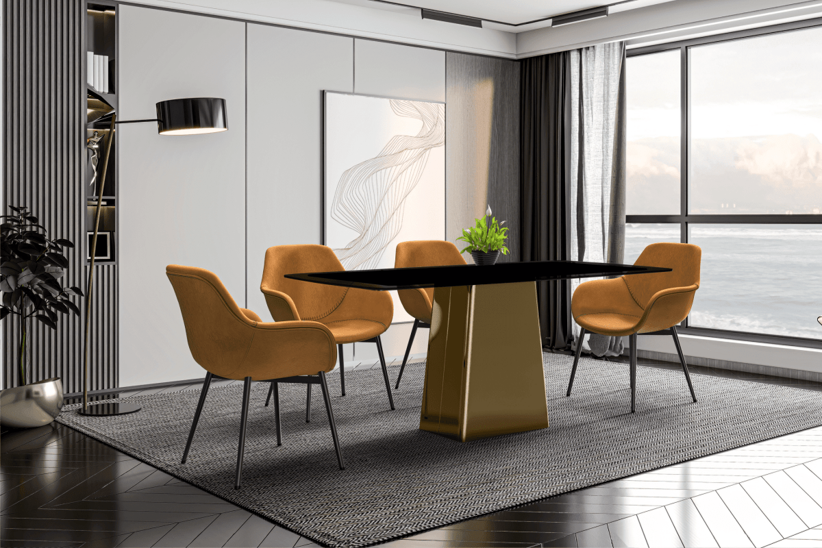 Quinix Rectangular Dining Table with Sintered Stone/Glass Tabletop and Gold Stainless Steel Base