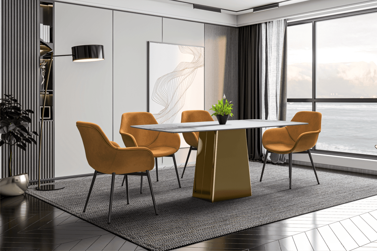 Quinix Rectangular Dining Table with Sintered Stone/Glass Tabletop and Gold Stainless Steel Base