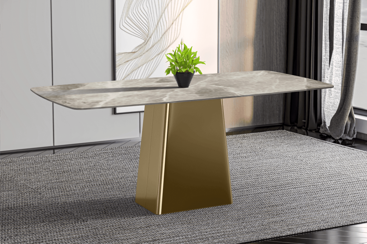 Quinix Rectangular Dining Table with Sintered Stone/Glass Tabletop and Gold Stainless Steel Base
