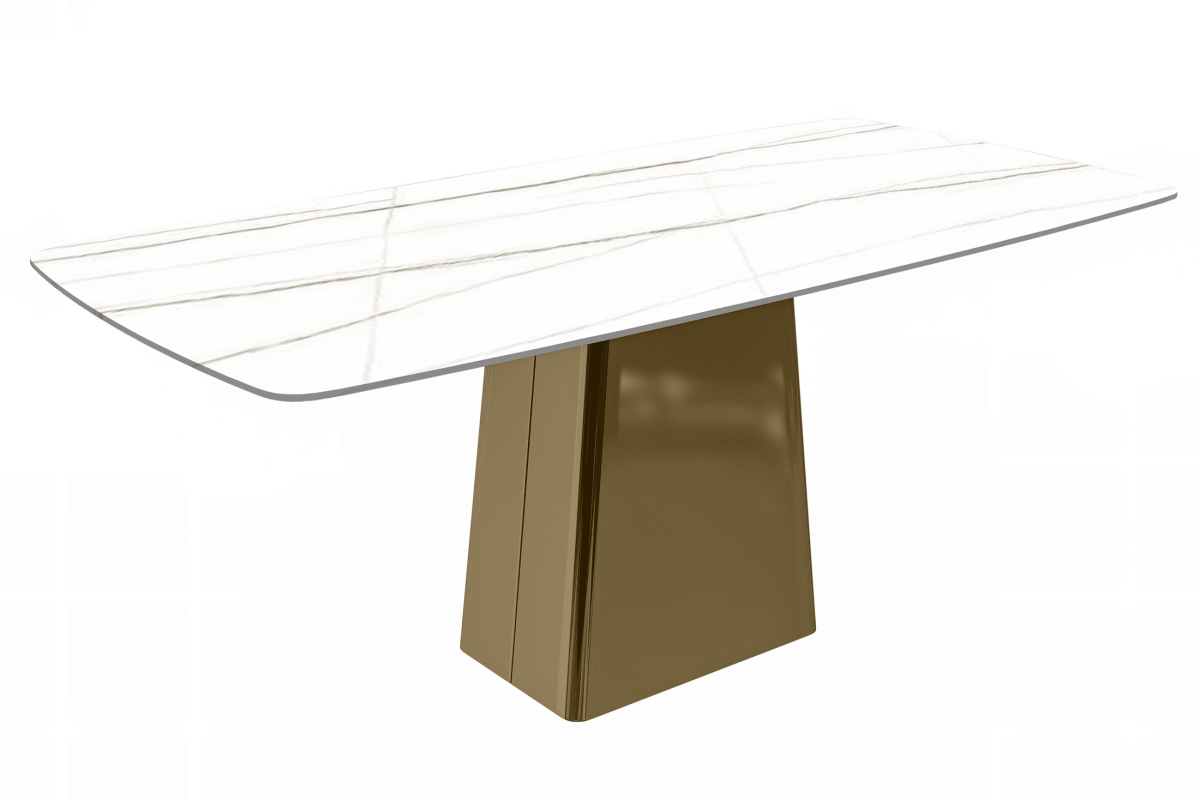 Quinix Rectangular Dining Table with Sintered Stone/Glass Tabletop and Gold Stainless Steel Base