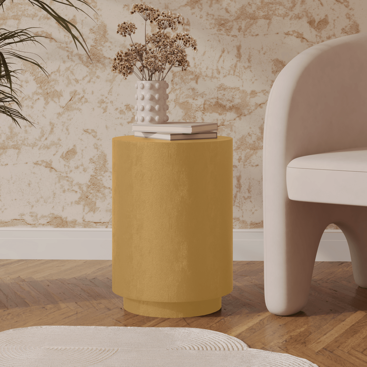Ramble 14" Wide Round Side Fiberstone Table With Travertine/Painted Finish Tapered Base