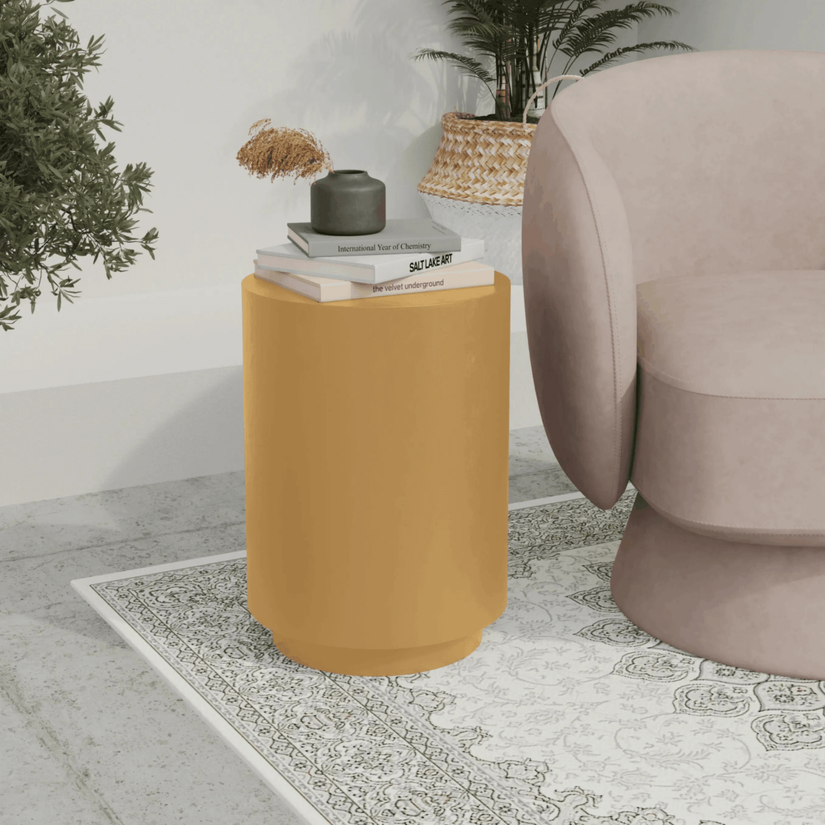 Ramble 14" Wide Round Side Table – Modern Fiberstone Accent End Table for Indoor Outdoor