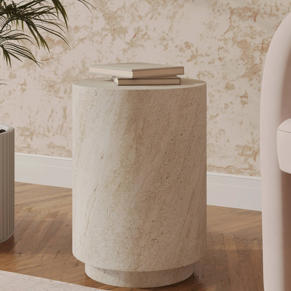 Ramble 14" Wide Round Side Table – Modern Fiberstone Accent End Table for Indoor Outdoor