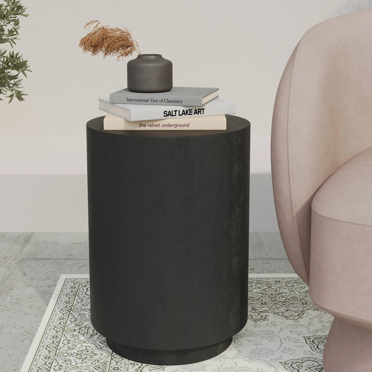 Ramble 14" Wide Round Side Table – Modern Fiberstone Accent End Table for Indoor Outdoor