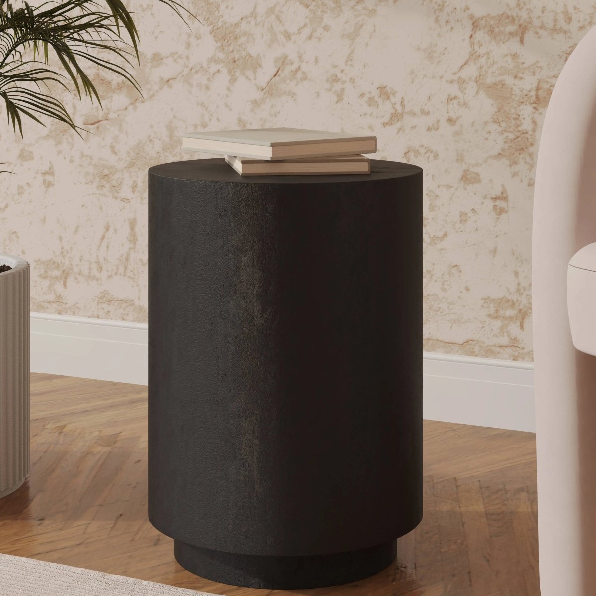 Ramble 14" Wide Round Side Table – Modern Fiberstone Accent End Table for Indoor Outdoor