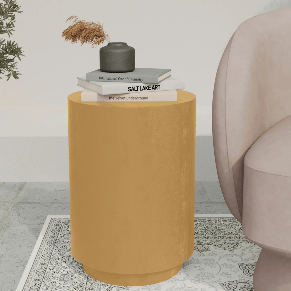 Ramble 14" Wide Round Side Table – Modern Fiberstone Accent End Table for Indoor Outdoor