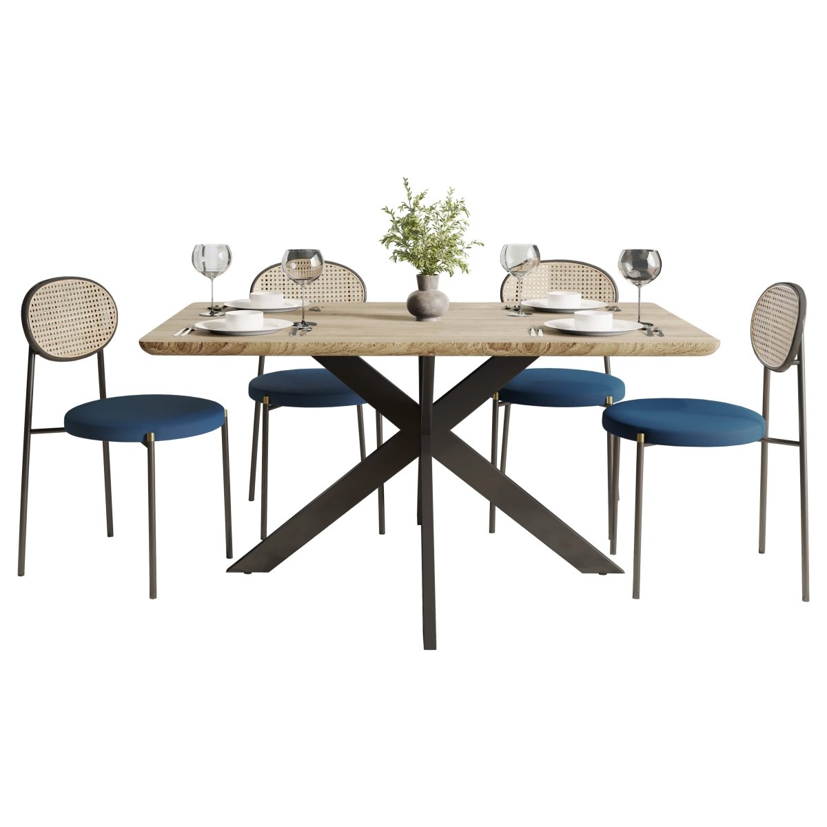 Ravenna 5 - Piece Dining Set with 63" Rectangular Dining Table in Maple with 4 Velvet Dining Chairs in Black Steel Legs