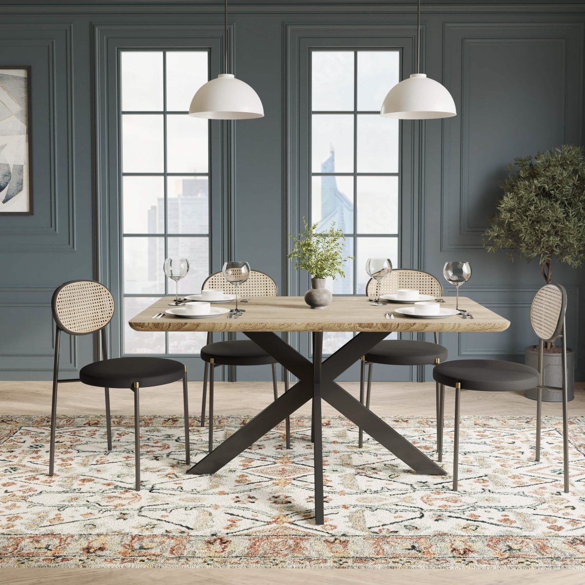 Ravenna 5 - Piece Dining Set with 63" Rectangular Dining Table in Maple with 4 Velvet Dining Chairs in Black Steel Legs