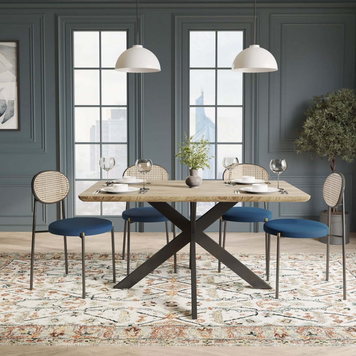 Ravenna 5 - Piece Dining Set with 63" Rectangular Dining Table in Maple with 4 Velvet Dining Chairs in Black Steel Legs
