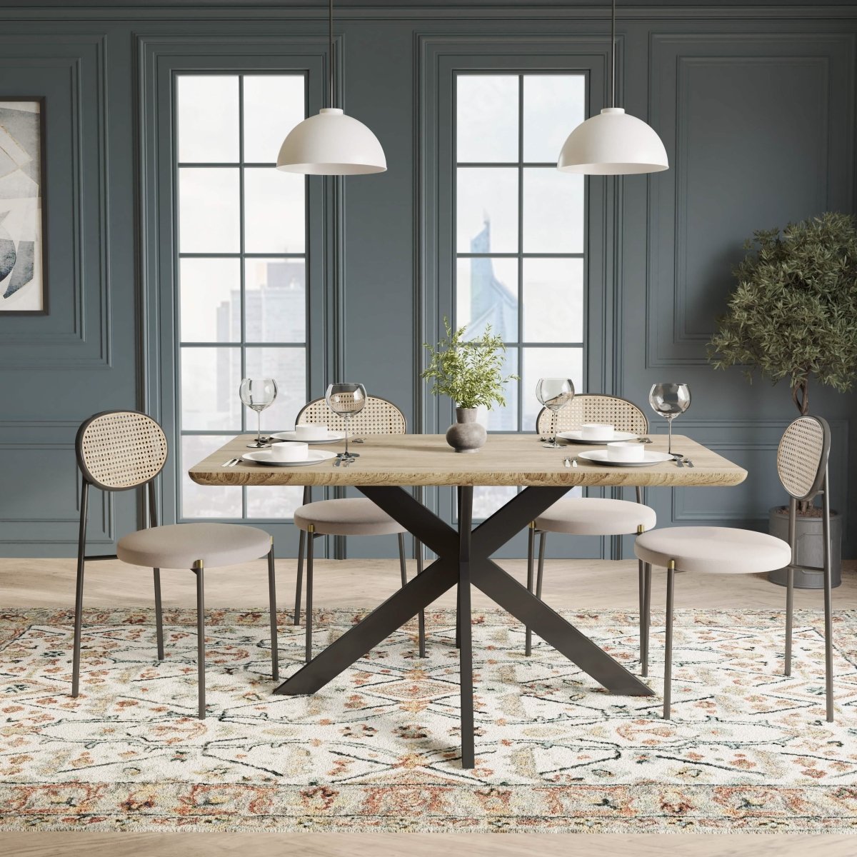 Ravenna 5 - Piece Dining Set with 63" Rectangular Dining Table in Maple with 4 Velvet Dining Chairs in Black Steel Legs