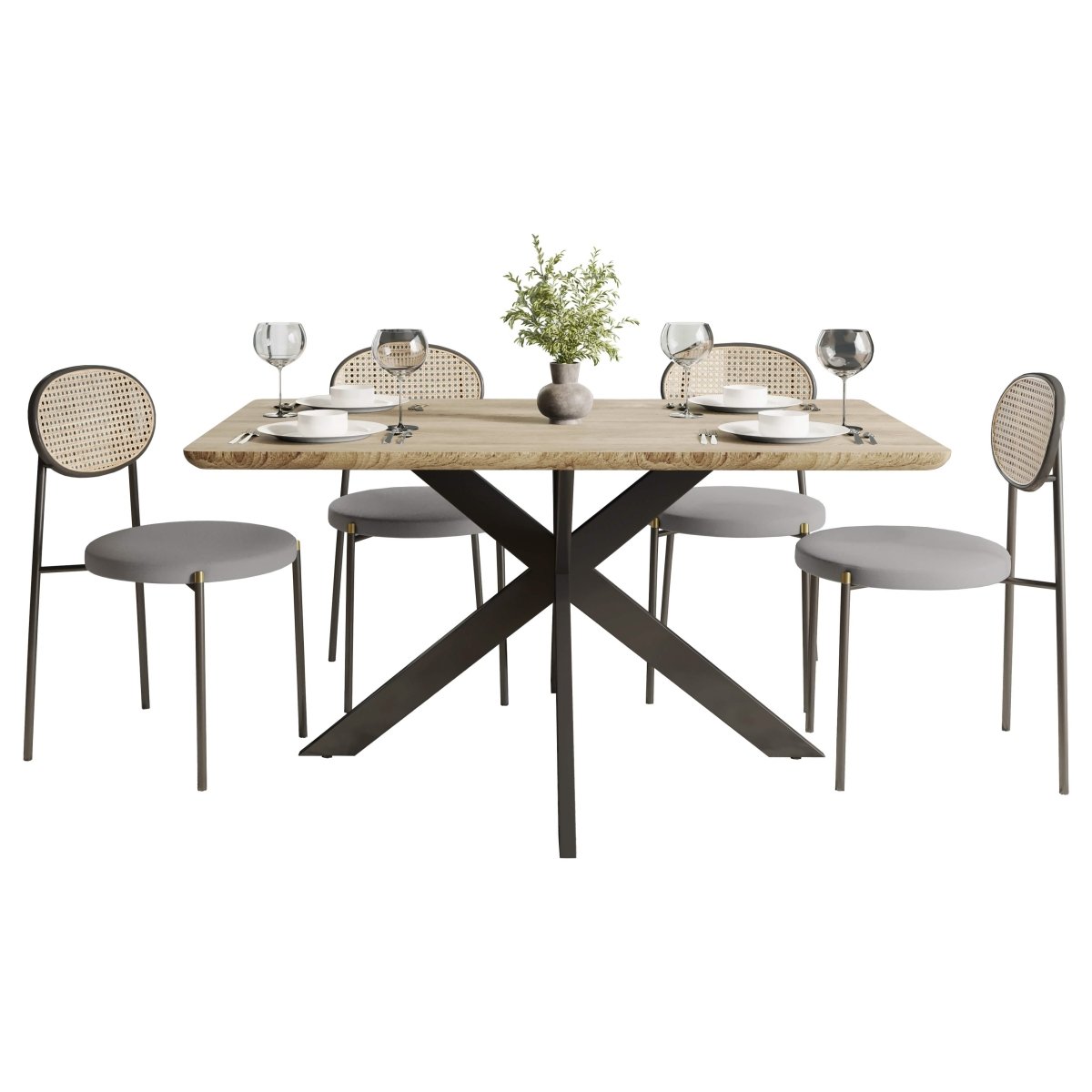 Ravenna 5 - Piece Dining Set with 63" Rectangular Dining Table in Maple with 4 Velvet Dining Chairs in Black Steel Legs