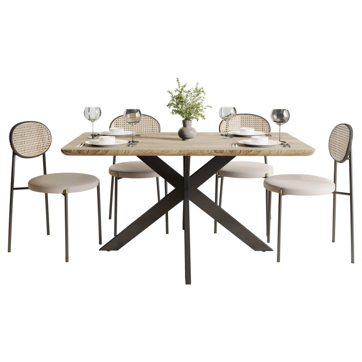 Ravenna 5 - Piece Dining Set with 63" Rectangular Dining Table in Maple with 4 Velvet Dining Chairs in Black Steel Legs