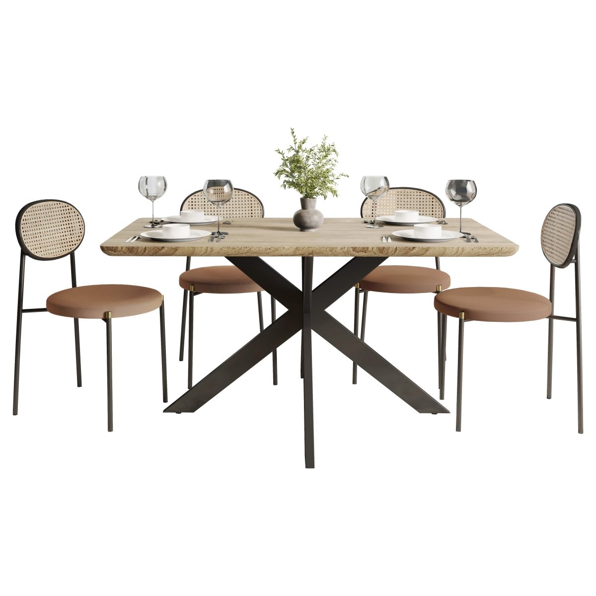 Ravenna 5 - Piece Dining Set with 63" Rectangular Dining Table in Maple with 4 Velvet Dining Chairs in Black Steel Legs