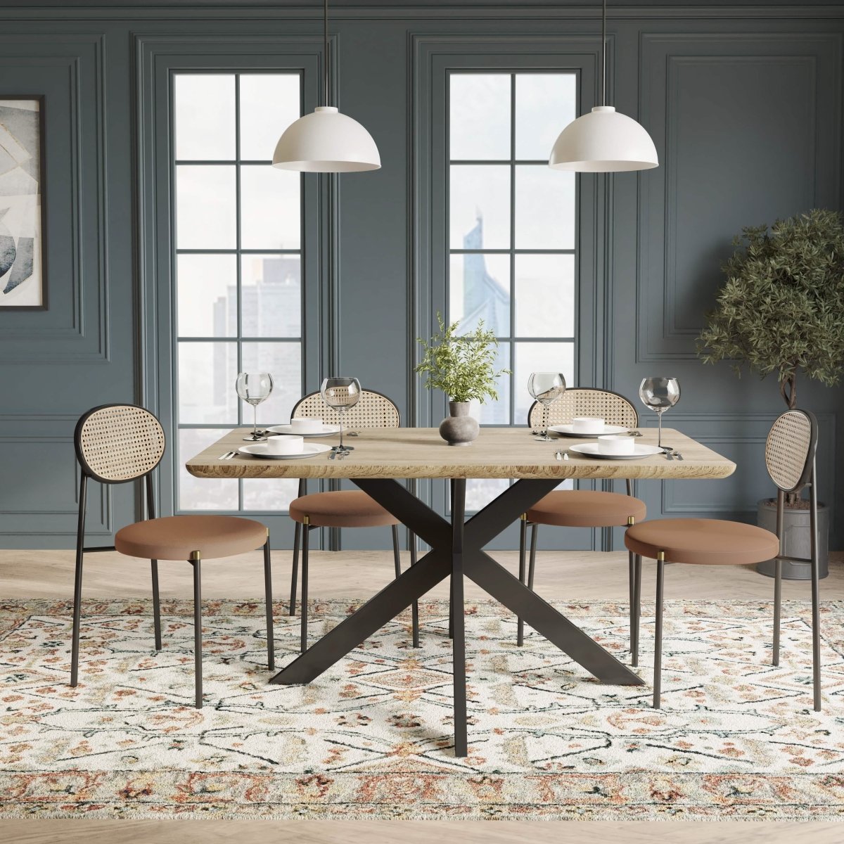 Ravenna 5 - Piece Dining Set with 63" Rectangular Dining Table in Maple with 4 Velvet Dining Chairs in Black Steel Legs