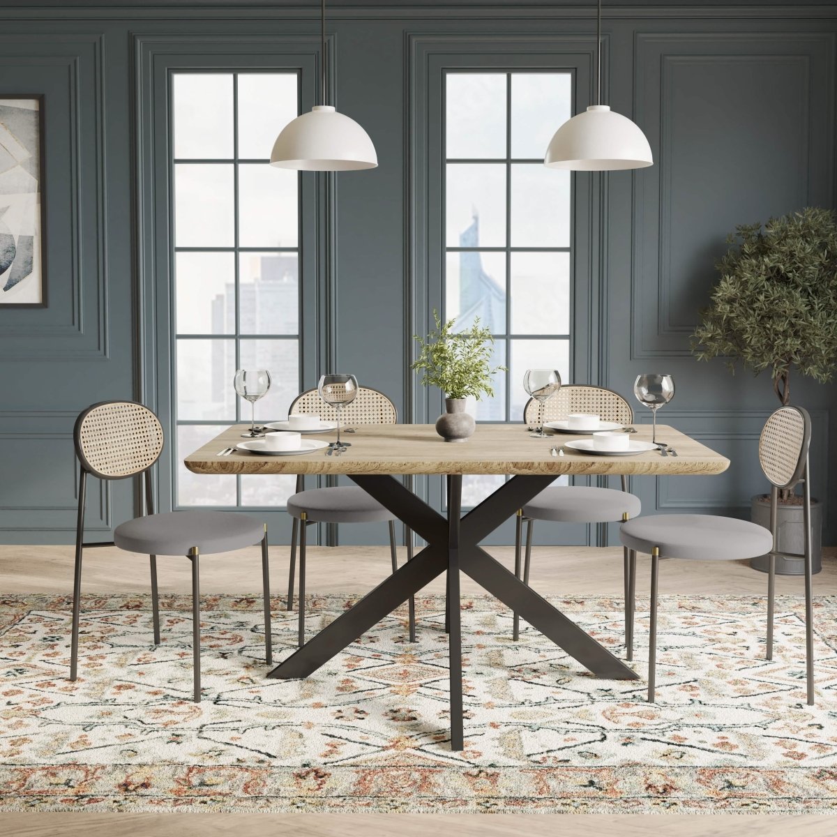 Ravenna 5 - Piece Dining Set with 63" Rectangular Dining Table in Maple with 4 Velvet Dining Chairs in Black Steel Legs