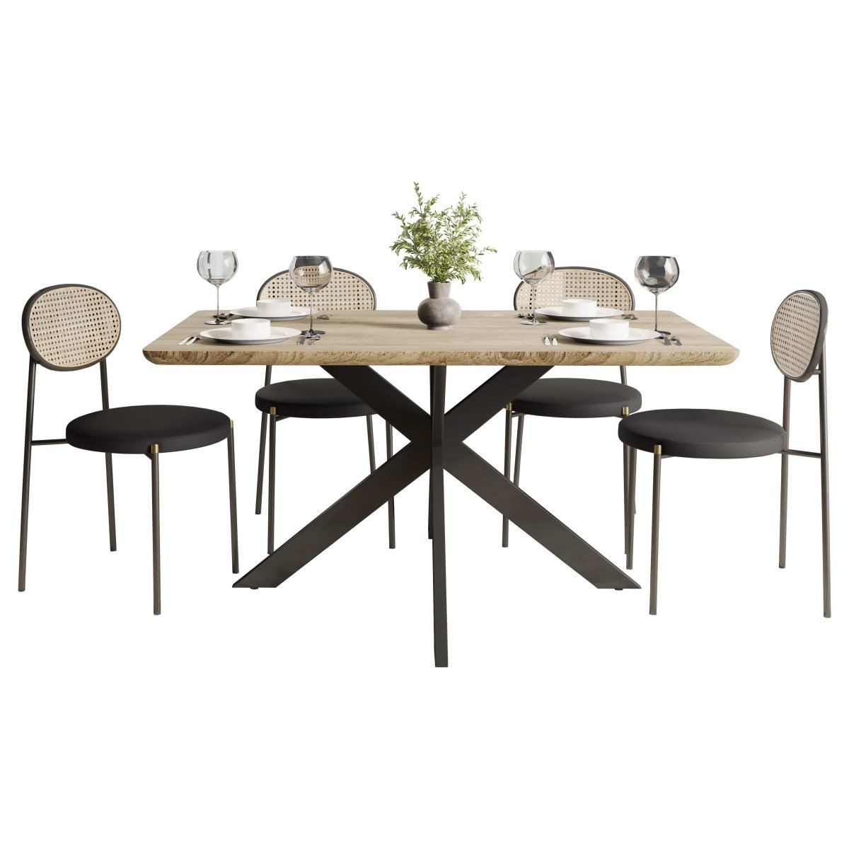 Ravenna 5 - Piece Dining Set with 63" Rectangular Dining Table in Maple with 4 Velvet Dining Chairs in Black Steel Legs