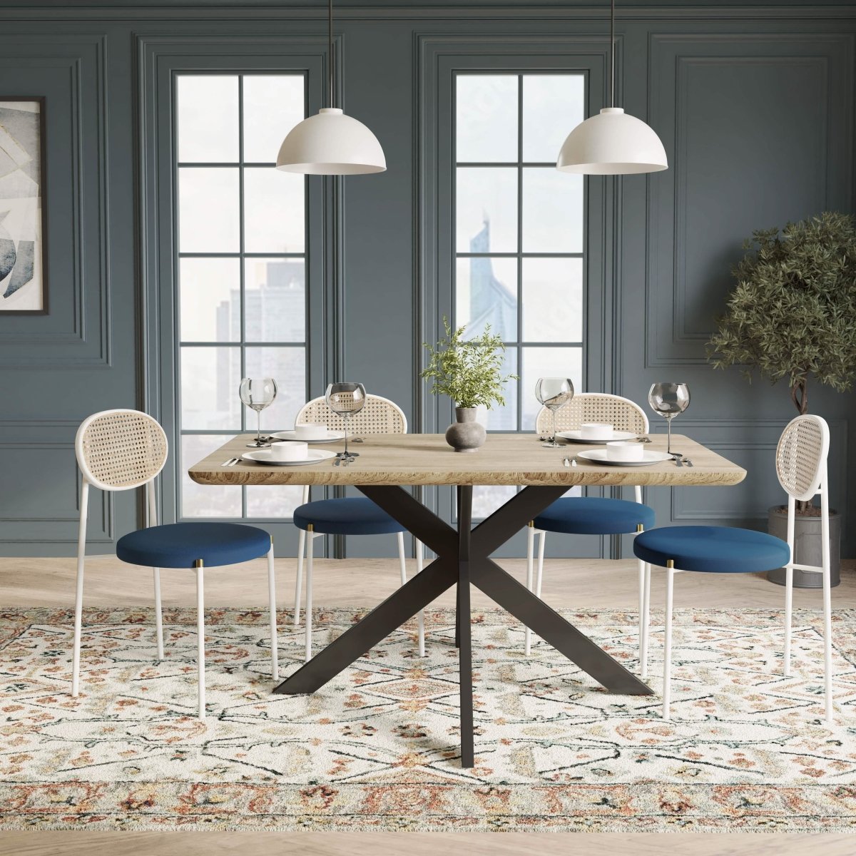 Ravenna 5 - Piece Dining Set with 63" Rectangular Dining Table in Maple with 4 Velvet Dining Chairs in White Steel Legs