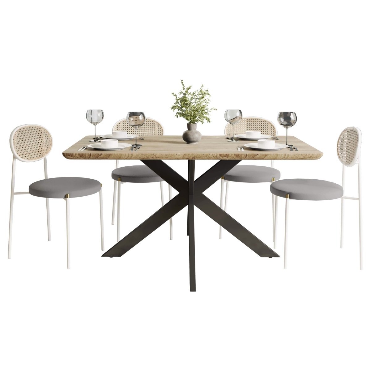 Ravenna 5 - Piece Dining Set with 63" Rectangular Dining Table in Maple with 4 Velvet Dining Chairs in White Steel Legs
