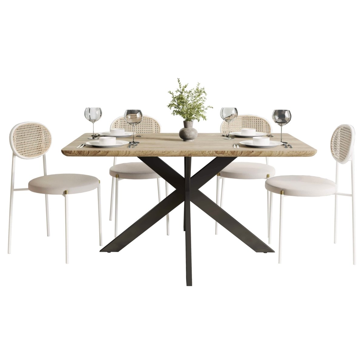 Ravenna 5 - Piece Dining Set with 63" Rectangular Dining Table in Maple with 4 Velvet Dining Chairs in White Steel Legs