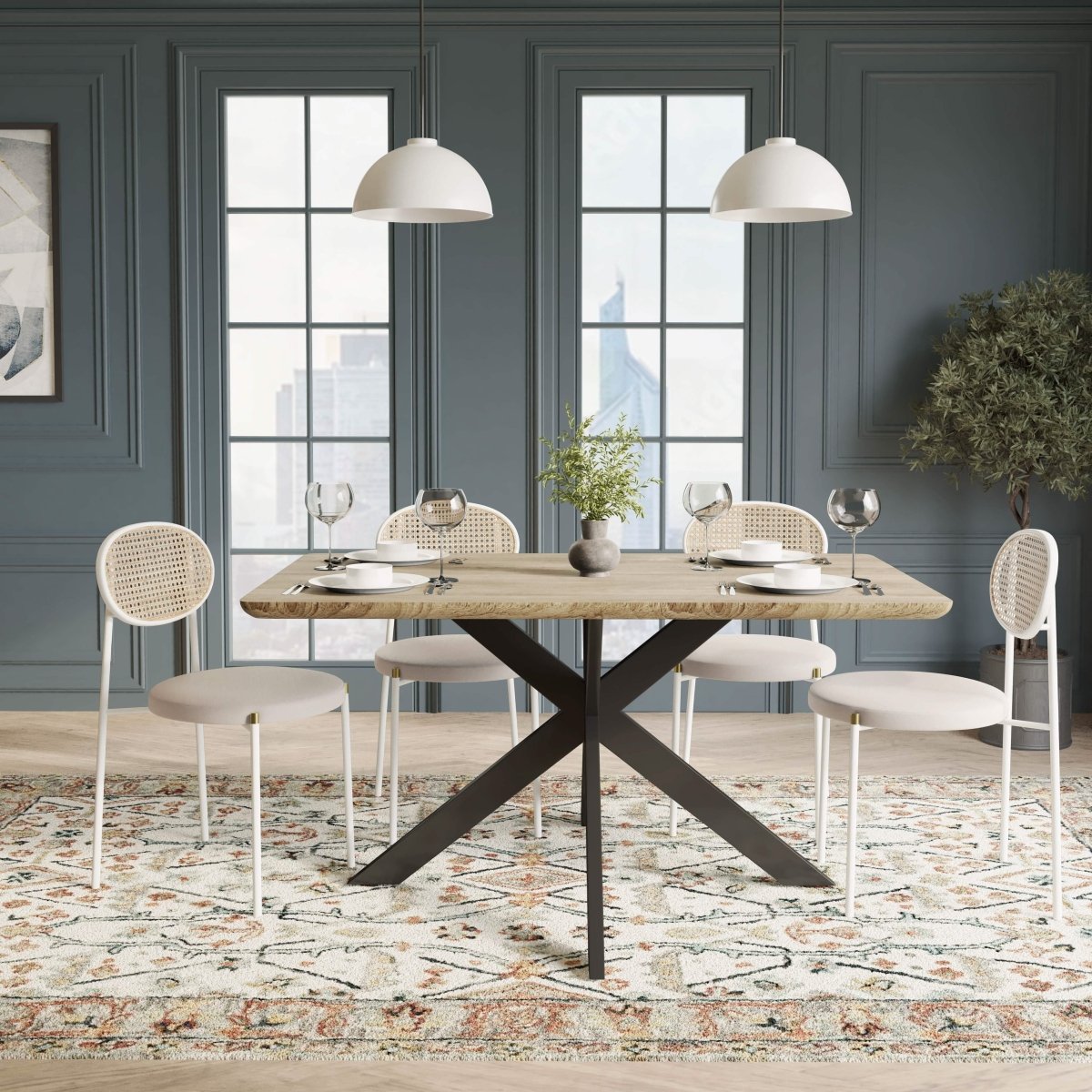 Ravenna 5 - Piece Dining Set with 63" Rectangular Dining Table in Maple with 4 Velvet Dining Chairs in White Steel Legs