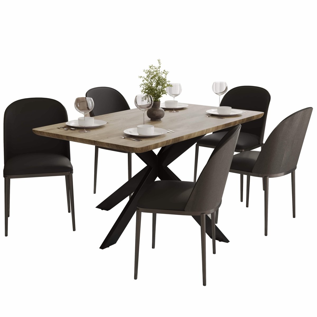 Ravenna 6 - Piece Dining Set with 63" Rectangular Dining Table in Natural Wood MDF and 5 Leather/Fabric/Suede Fabric Dining Chairs