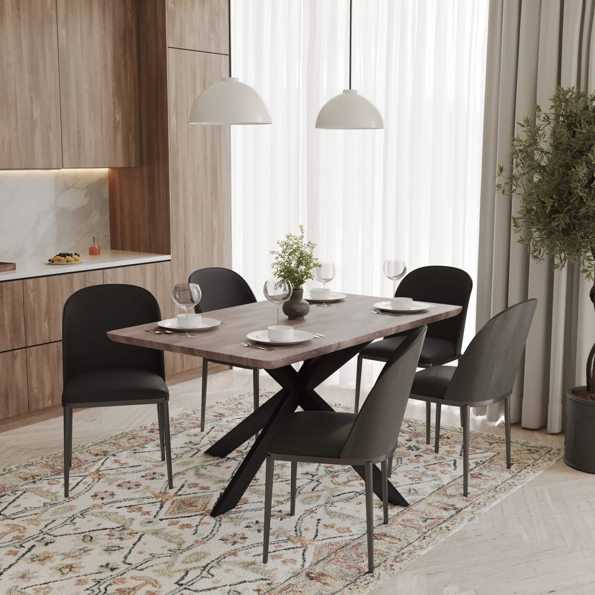 Ravenna 6 - Piece Dining Set with 63" Rectangular Dining Table in Rustic Grey and 5 Leather Dining Chairs