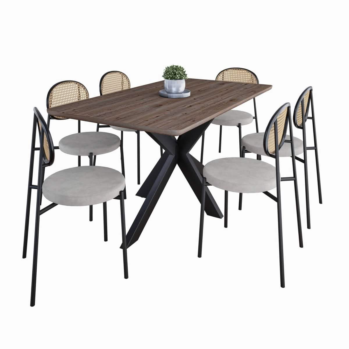Ravenna 69" Rectangular Wood Dining Table with 6 Euston Wicker Dining Chairs Dining Set Leisuremod
