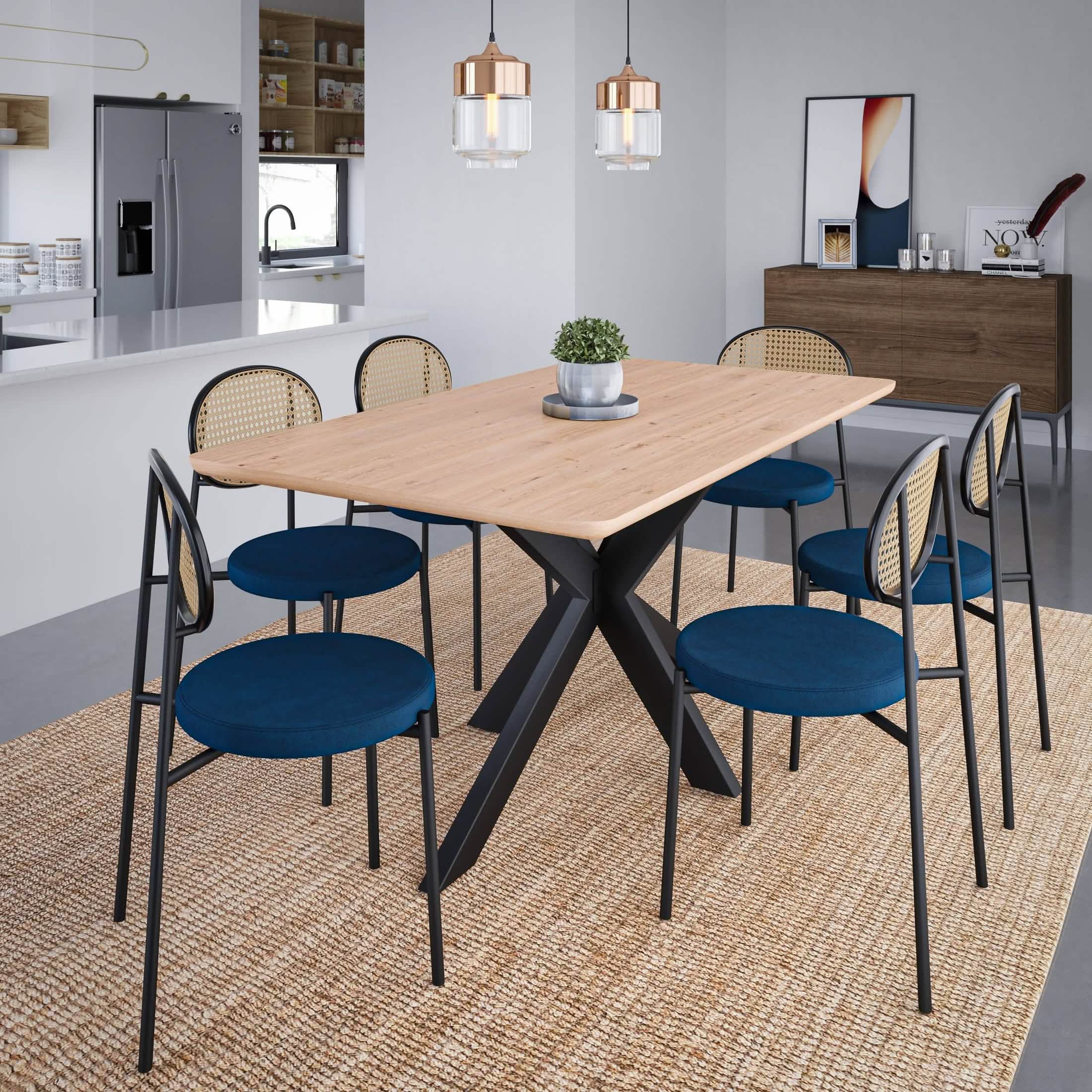 Ravenna 69" Rectangular Wood Dining Table with 6 Euston Wicker Dining Chairs Dining Set Leisuremod