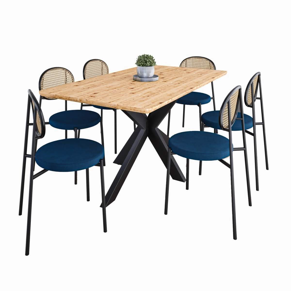 Ravenna 69" Rectangular Wood Dining Table with 6 Euston Wicker Dining Chairs Dining Set Leisuremod