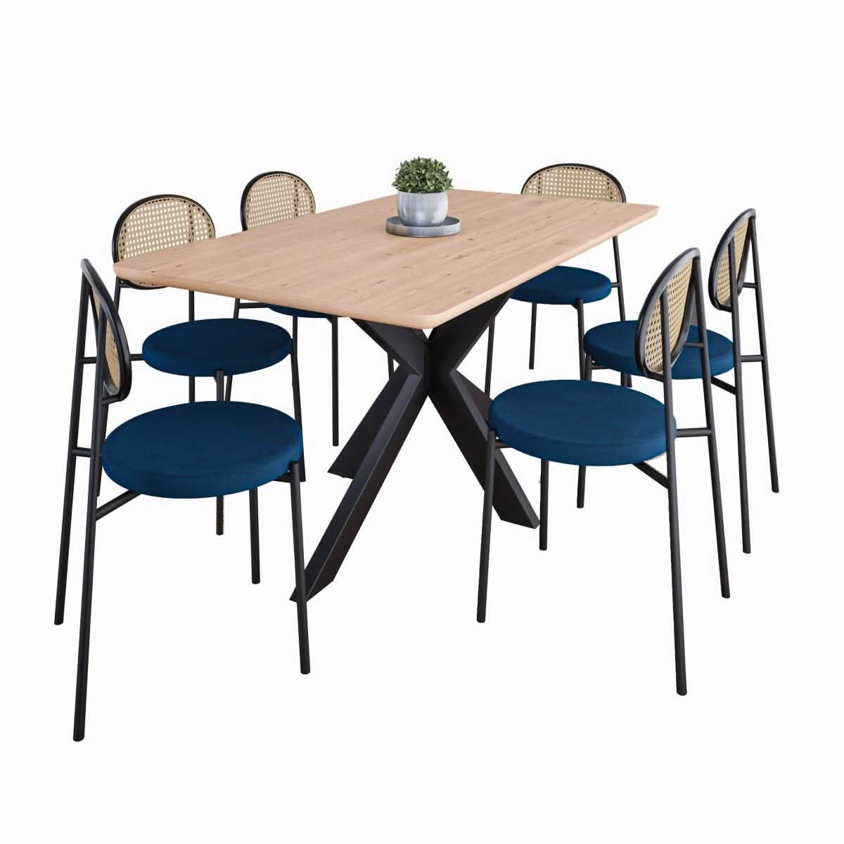 Ravenna 69" Rectangular Wood Dining Table with 6 Euston Wicker Dining Chairs Dining Set Leisuremod