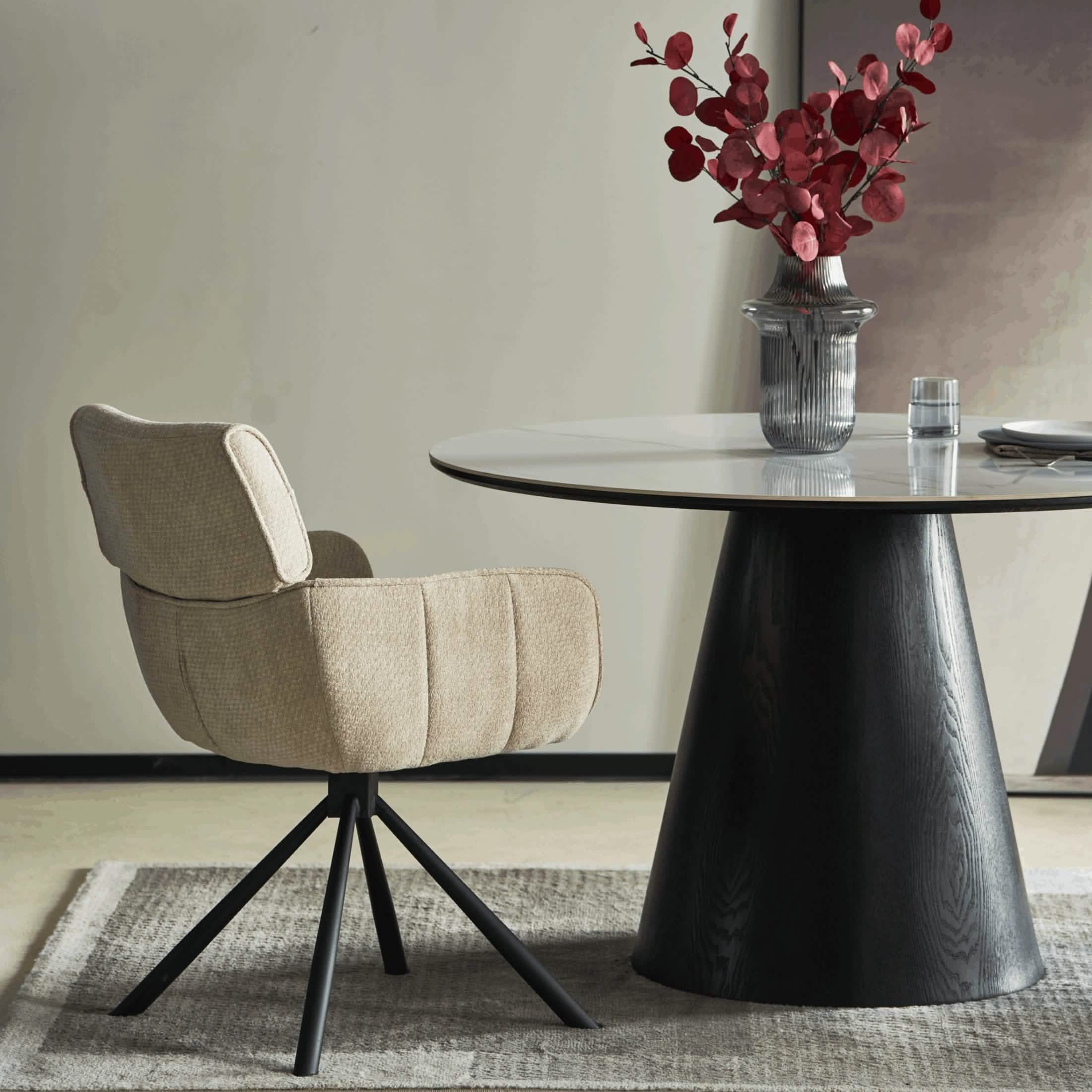 Riven 47" Round Dining Table with Sintered Stone Top and Ash Wood Veneer Base
