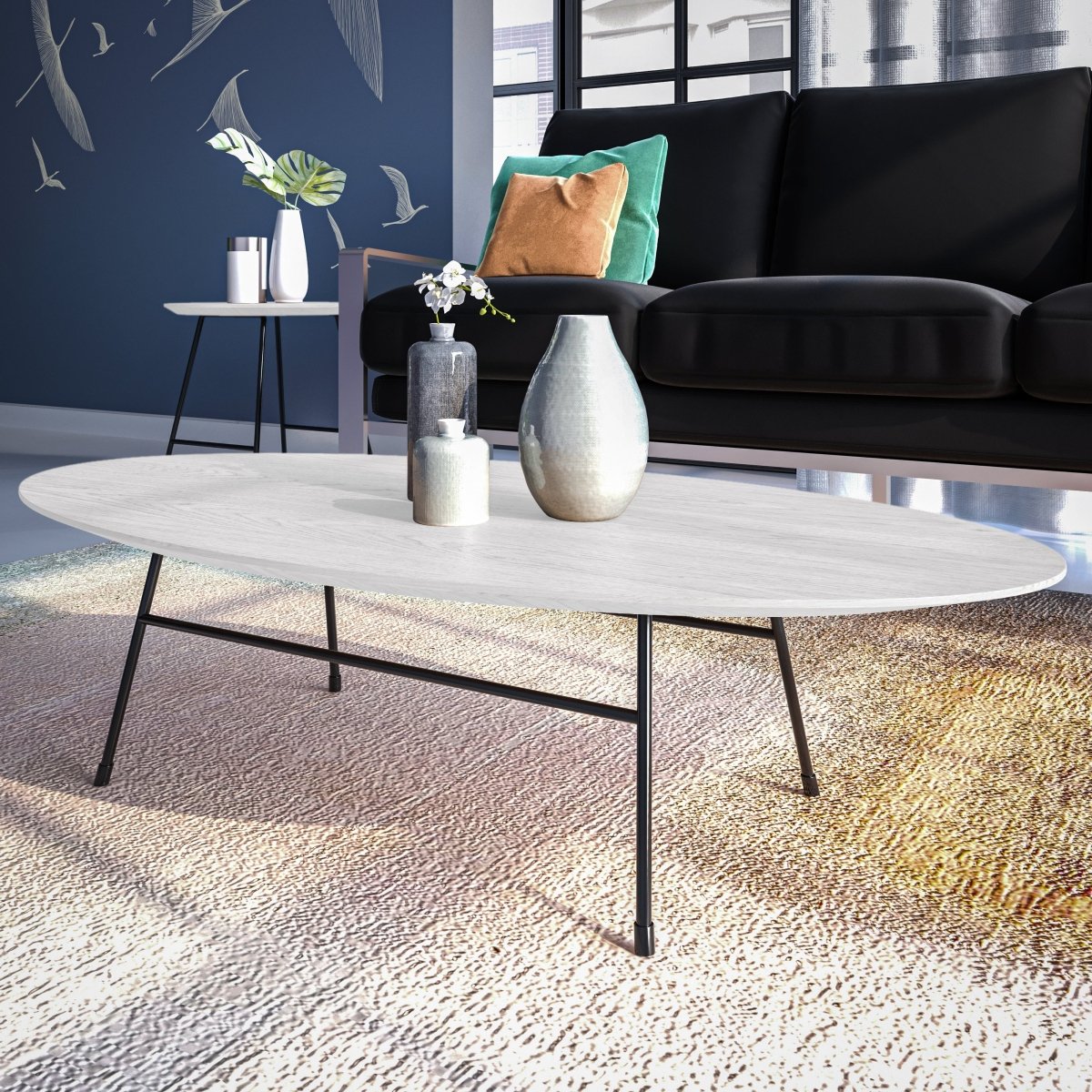 Rossmore Oval Coffee Table with MDF Wood Tabletop in Black/White Steel Frame