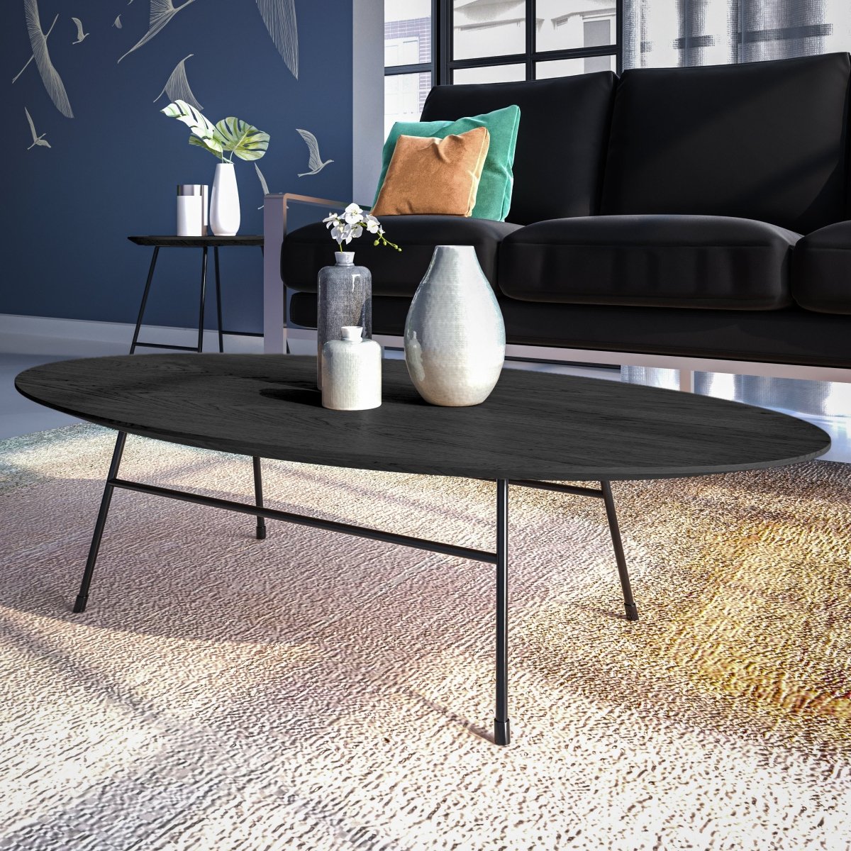 Rossmore Oval Coffee Table with MDF Wood Tabletop in Black/White Steel Frame