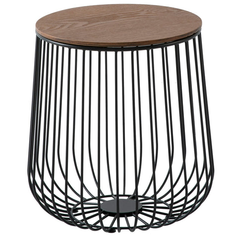 Runswick Round End Table Wood Tabletop With Steel Drum Base for Storage