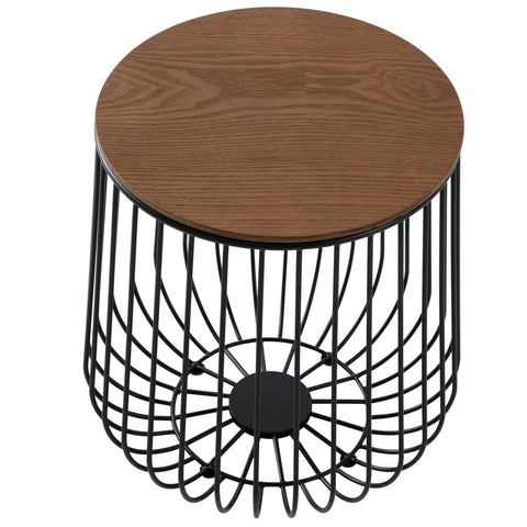 Runswick Round End Table Wood Tabletop With Steel Drum Base for Storage