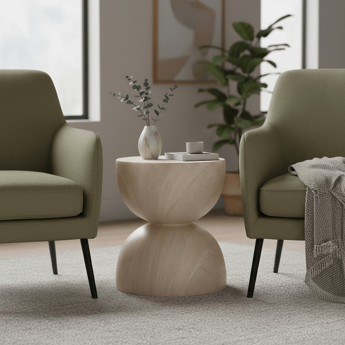 Sage Minimalist Side Table in Fiberstone Hourglass Design Accent Table