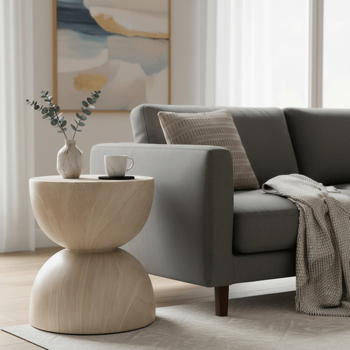 Sage Minimalist Side Table in Fiberstone Hourglass Design Accent Table