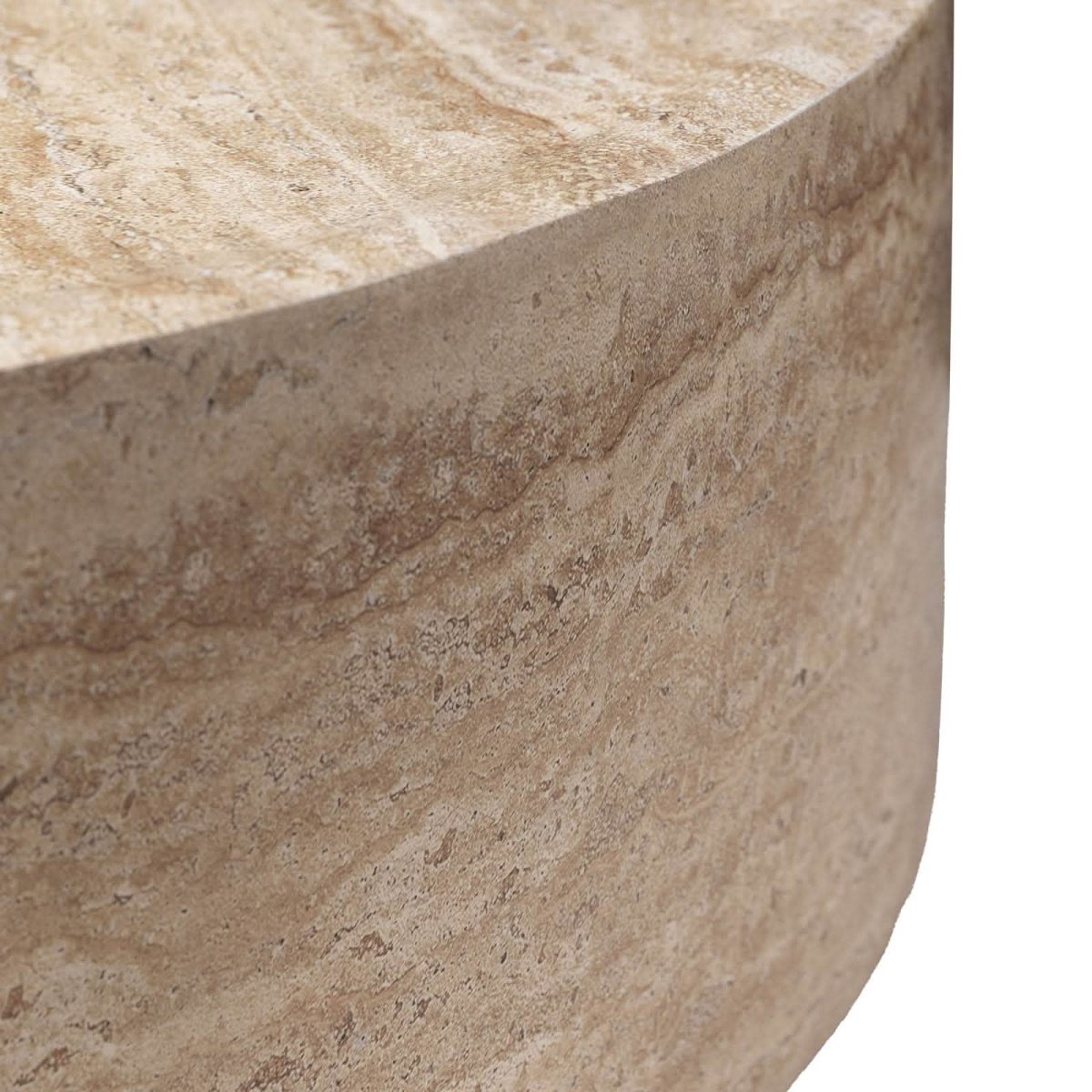 Sandy 32" Round Coffee Table, Travertine Finish, Fiberstone, Indoor/Outdoor