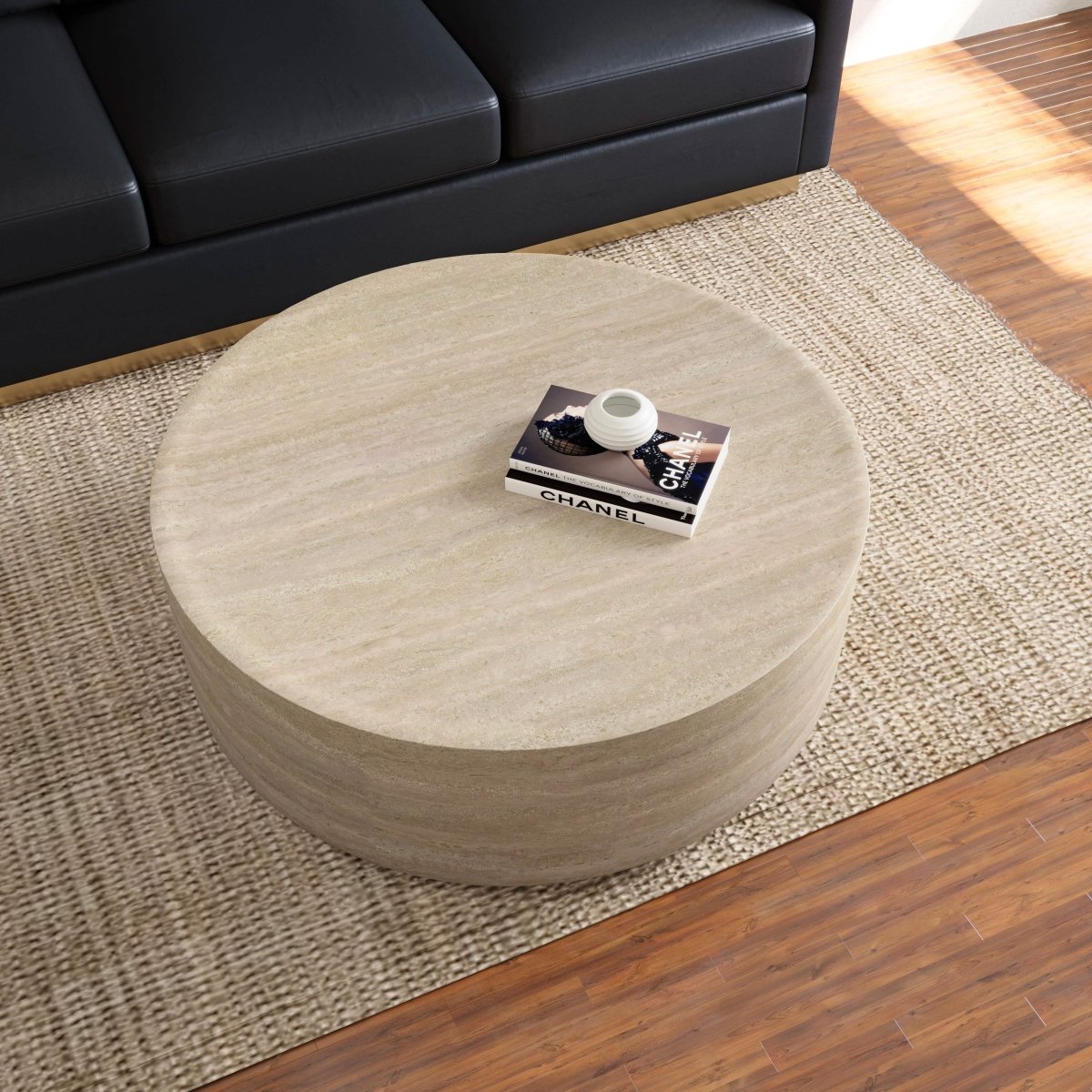 Sandy 32" Round Coffee Table, Travertine Finish, Fiberstone, Indoor/Outdoor