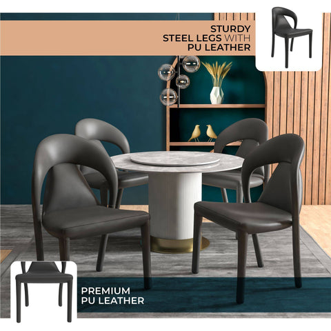 Solace Series Dining Chair Upholstered in Leather with Steel Legs and an Open Back Design