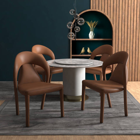 Solace Series Dining Chair Upholstered in Leather with Steel Legs and an Open Back Design