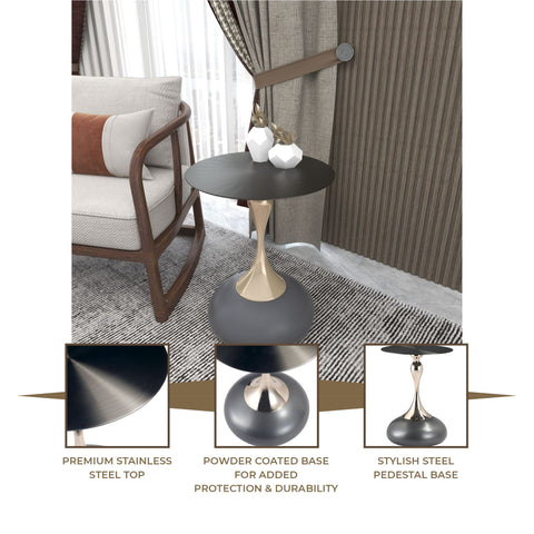 Savoy Wide Side Table with Stainless Steel Top Round Accent Table and Elegant Pedestal Base