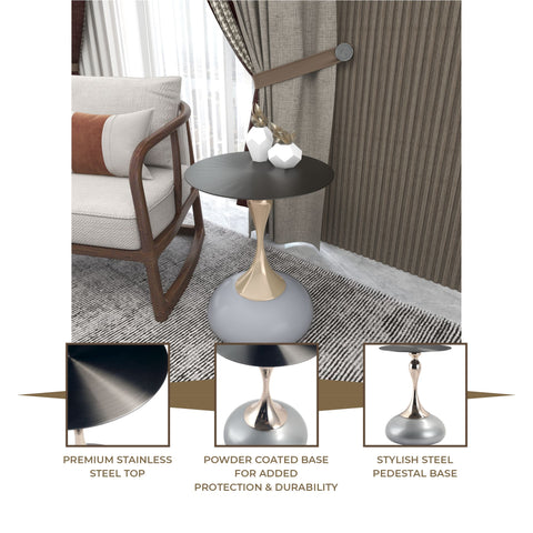 Savoy Wide Side Table with Stainless Steel Top Round Accent Table and Elegant Pedestal Base