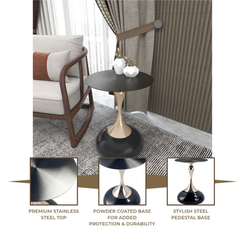 Savoy Wide Side Table with Stainless Steel Top Round Accent Table and Elegant Pedestal Base