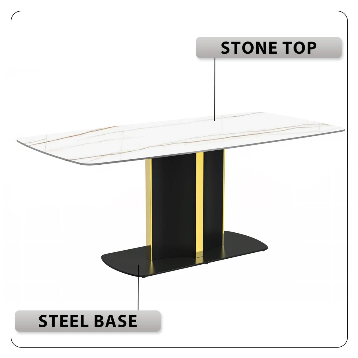 Sylva Rectangular Dining Table with Glass/Sintered Stone Tabletop in Black and Gold Steel Base